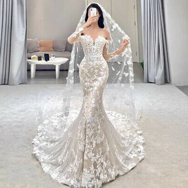 Elegant Mermaid Wedding Dresses Off The Shoulder Long Sleeves Lace ...