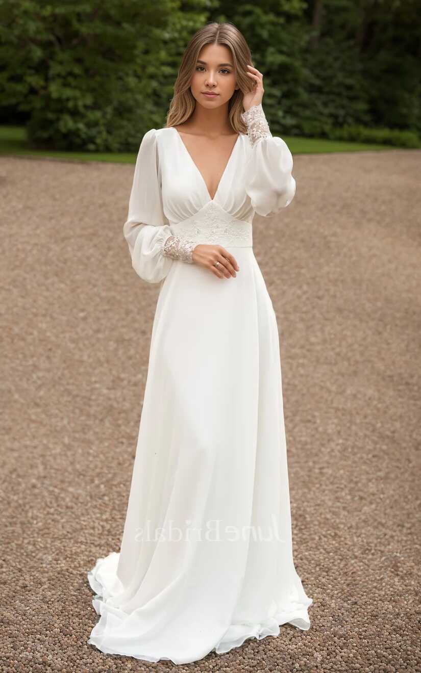 Elegant Modest Country A-Line Floor Long Sleeve Wedding Dress ...