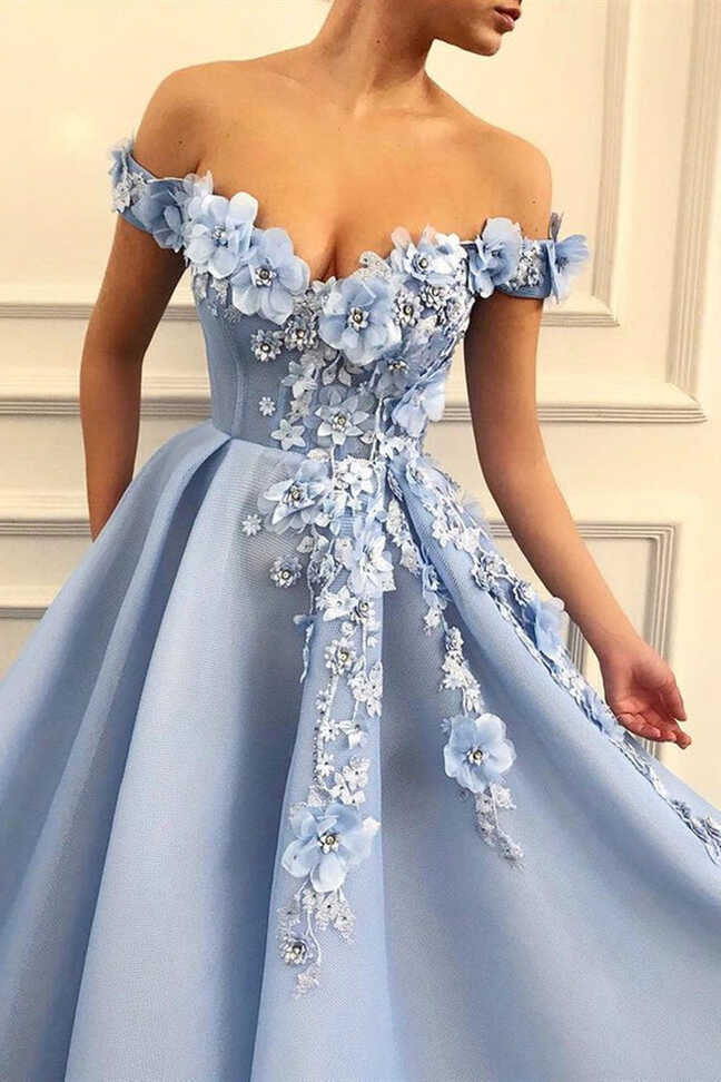 Elegant Off Shoulder Blue Lace Floral Long Prom Dresses, Off the ...