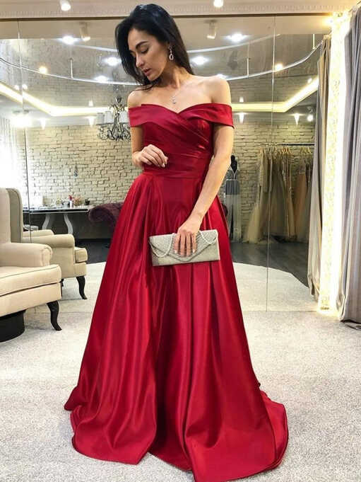 Elegant Off Shoulder Burgundy Satin Long Prom Dresses, Off the ...