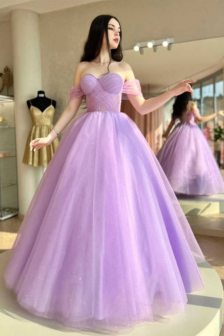 Elegant Off Shoulder Purple Tulle Long Prom Dress, Off the ...