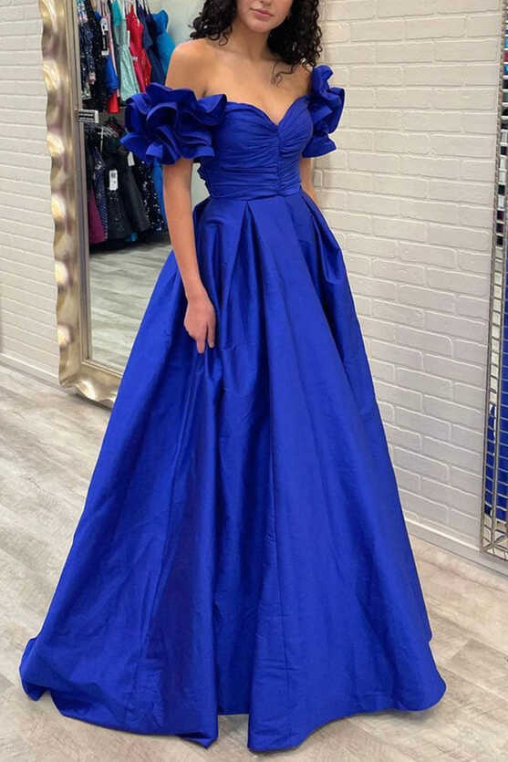 Elegant Off Shoulder Royal Blue Satin Long Prom Dresses, Off the ...