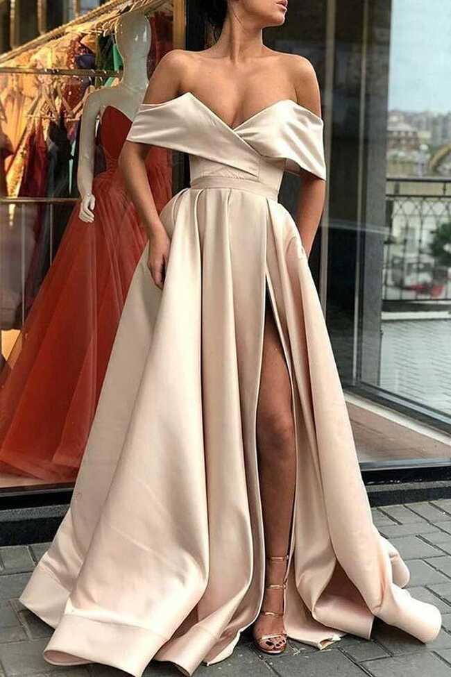 Elegant Off Shoulder Satin Split Sweep Train Prom/Formal Dress ...