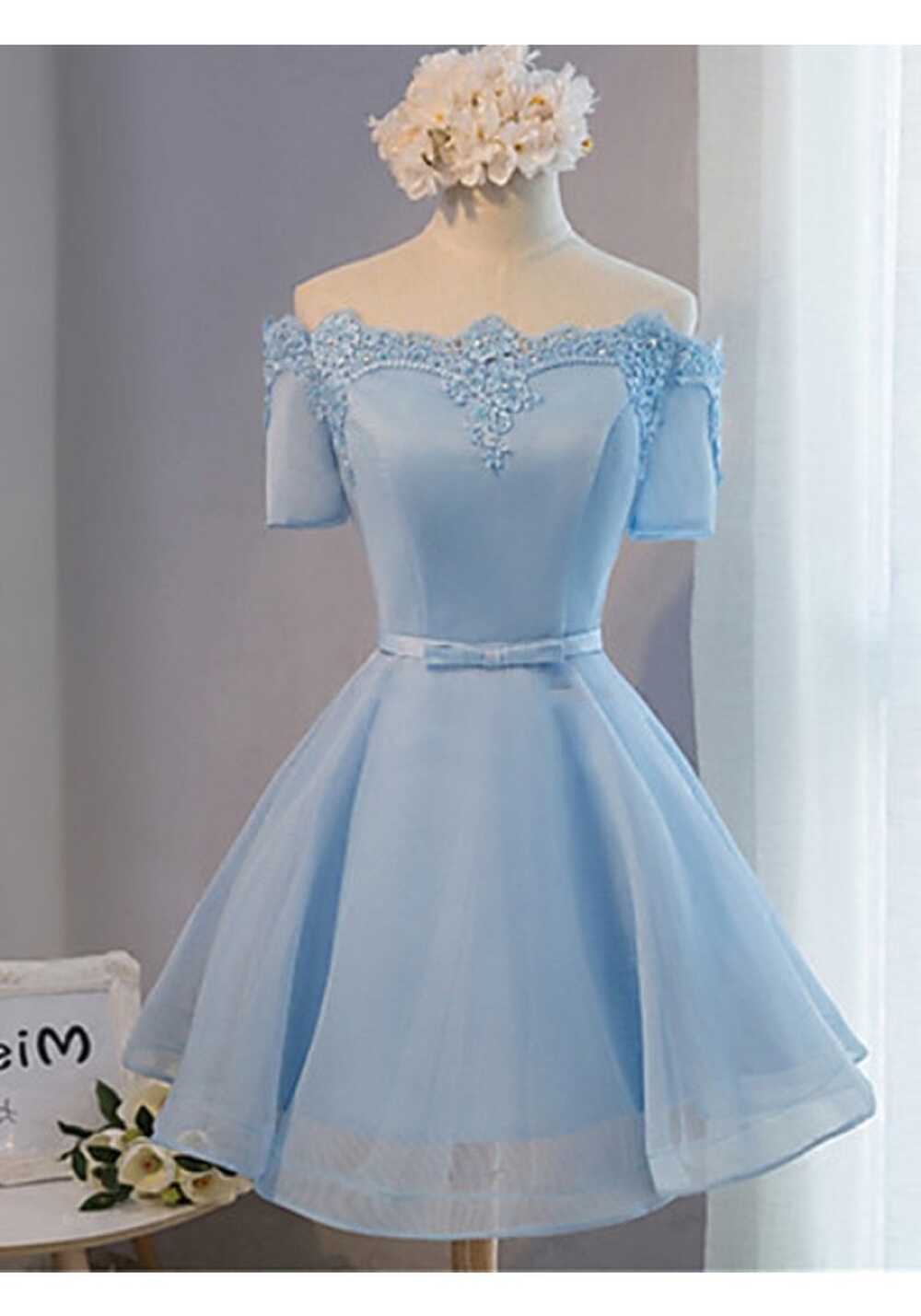 Elegant Off The Shoulder Lace Satin Short Prom Dresses, Baby Blue ...