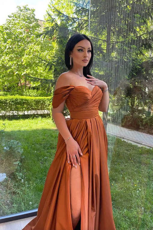 Elegant Off the Shoulder Brown Long Prom Dress with High Slit, Off ...