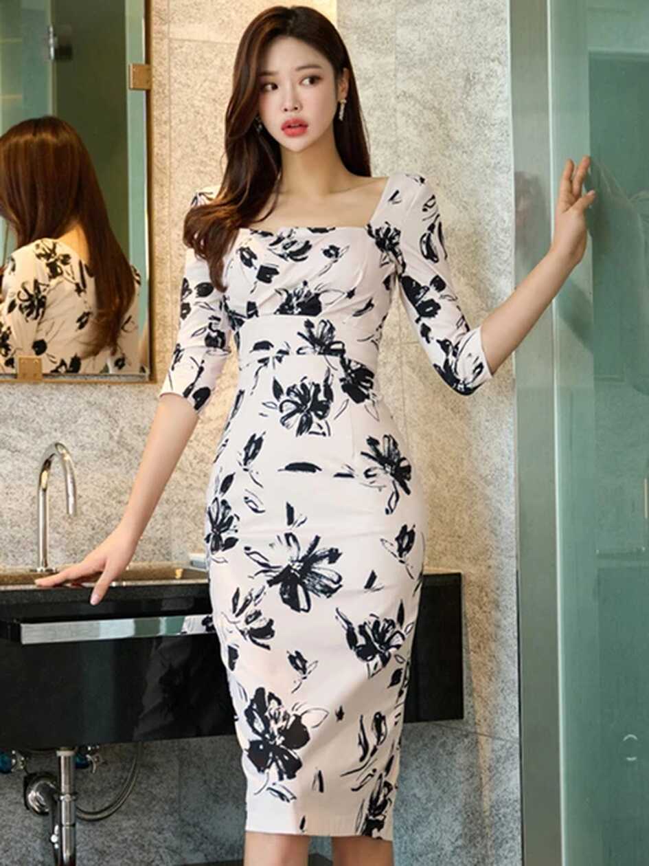 Elegant Office Lady Dress Spring Fashion Floral Square Collar With ...