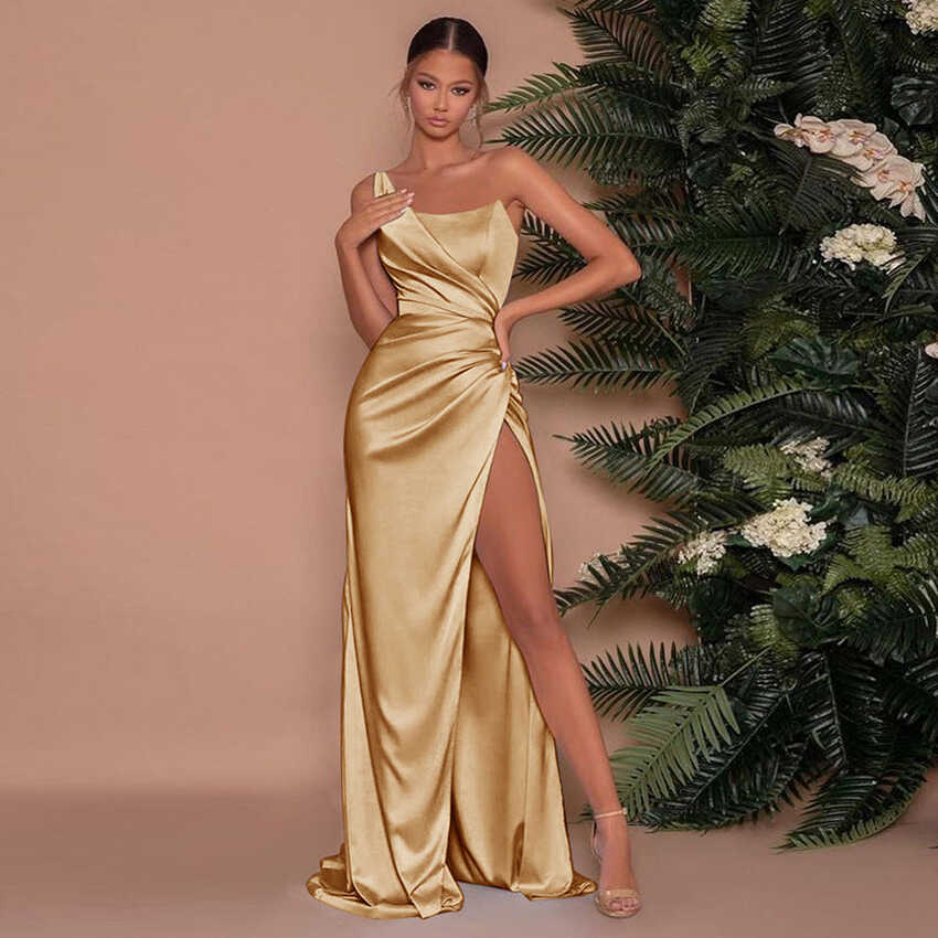 Elegant One Shoulder Backless Satin Ruched Split Maxi Dress Women ...