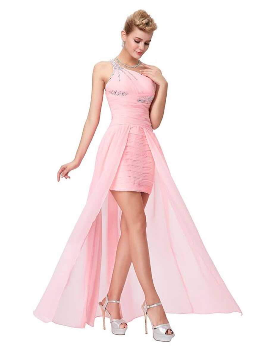 Elegant One Shoulder Pink Short Front Long Back Chiffon Bridesmaid ...