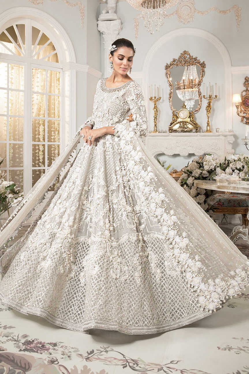 Elegant Pakistani White Bridal Dress in Gown Lehenga Style ...