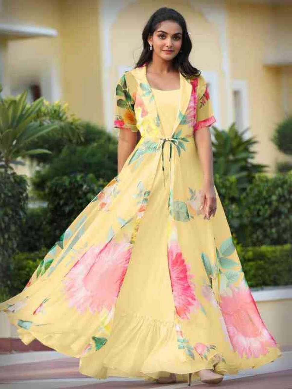 Elegant Party Wear Floral Print Gown with Koti and Inner