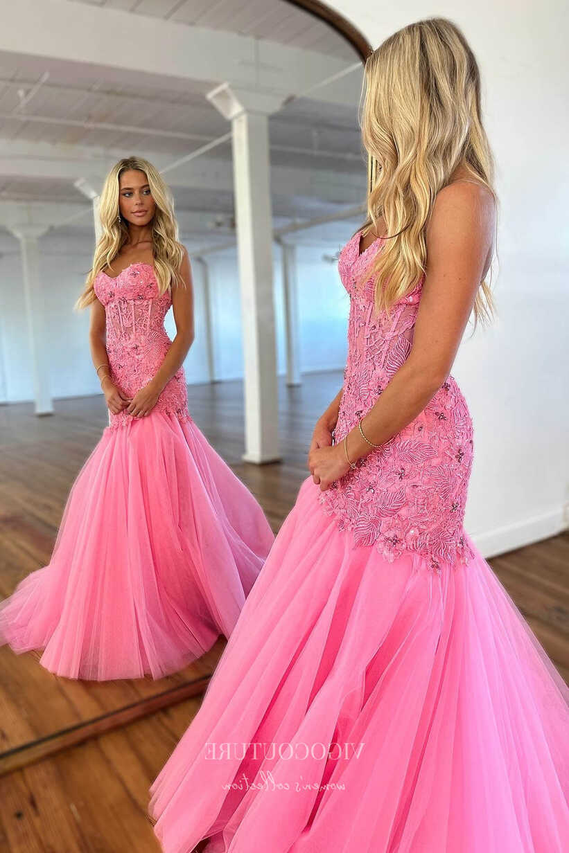 Elegant Pink Lace Applique Strapless Prom Dress with Sweetheart ...