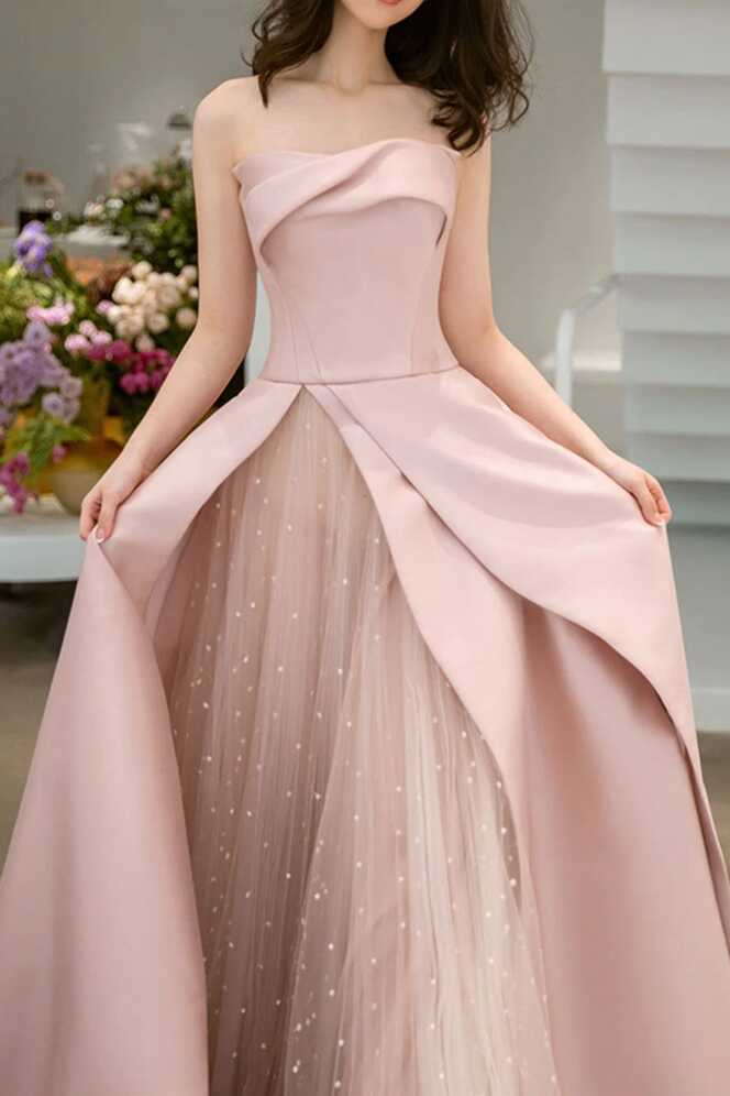 Elegant Pink Long Prom Dresses Strapless Beaded Pink Tulle Formal ...