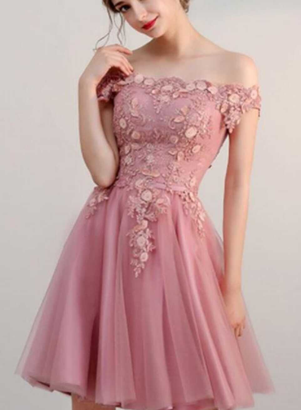 Elegant Pink Off Shoulder Knee Length Tulle Party Dress ...