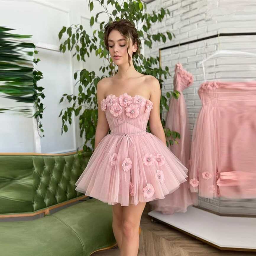 Elegant Pink Short Prom Dresses Strapless 3d Flowers Mini Sexy ...