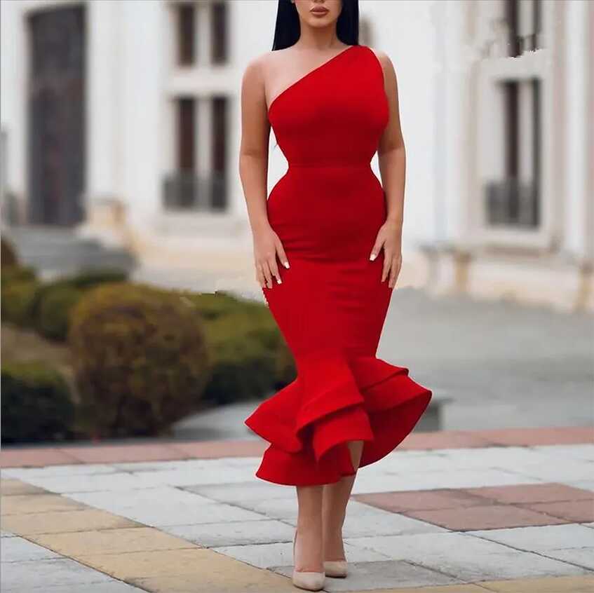 Elegant Plus Size Red One Shoulder Satin Mermaid Cocktail Dresses ...