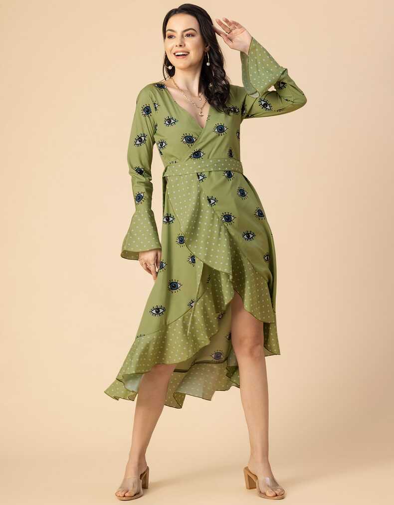 Elegant Printed Wrap Dress - Evening Party Wear - Moomaya