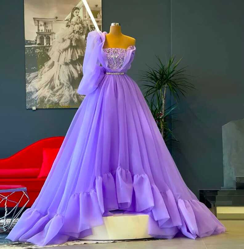 Elegant Purple Prom Dresses Long One Shoulder Tulle Ball Gown ...