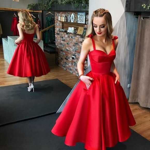 Elegant Red A-line Satin Backless Homecoming Dress with Pockets ...