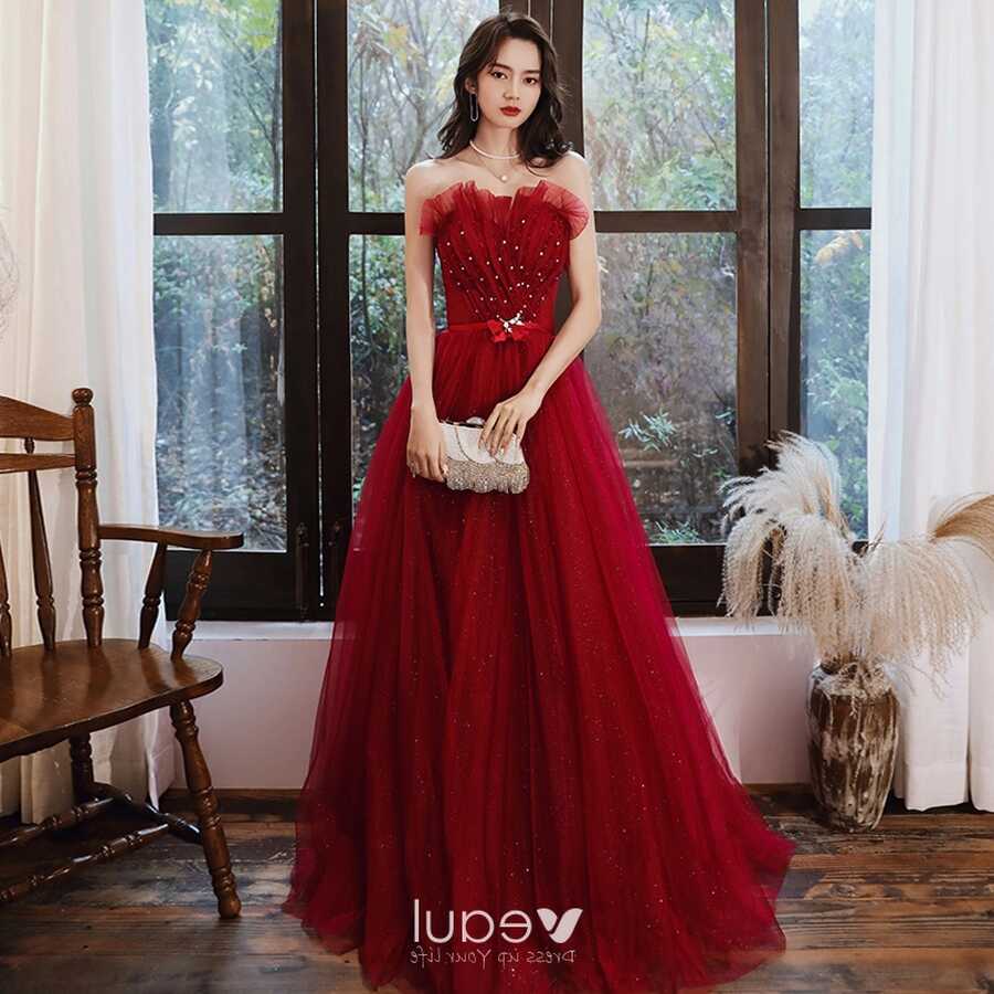 Elegant Red Evening Dresses 2020 A-Line / Princess Strapless ...