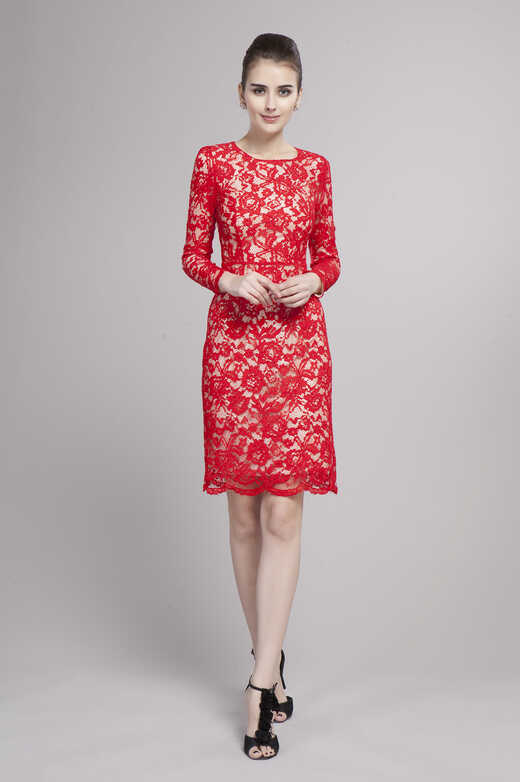 Elegant Red Lace Long Sleeve Cocktail Party Dress ...