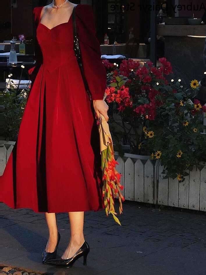 Elegant Red Long Dress Women Vintage Square Collar Slim Formal ...