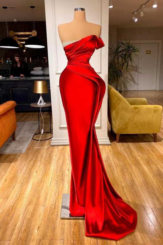 Elegant Red Long Mermaid Strapless Satin Formal Prom Dresses ...