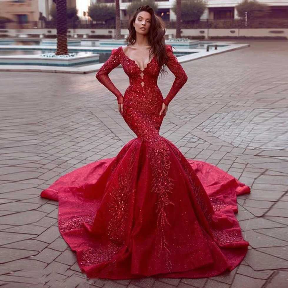 Elegant Red Mermaid Wedding Dress Sequin Long Prom Dress Side ...