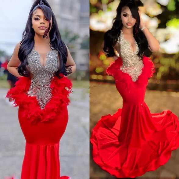 Elegant Red Prom Dresses For Black Girls Beading Sequined Feathers ...