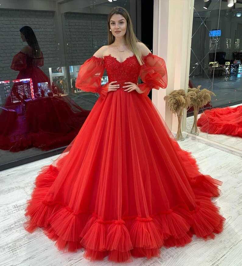 Elegant Red Prom Dresses Long Vestidos Puffy Sleeve Tulle Backless ...