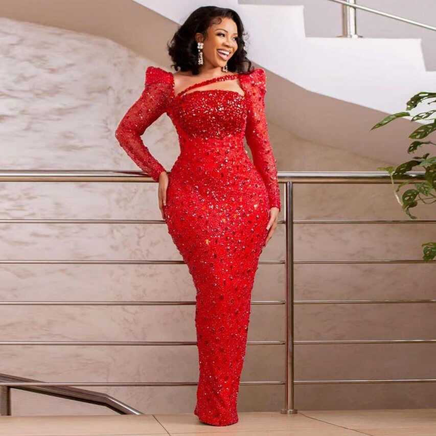 Elegant Red Sequined Prom Dresses Sparkly Sheath Aso Ebi Evening ...