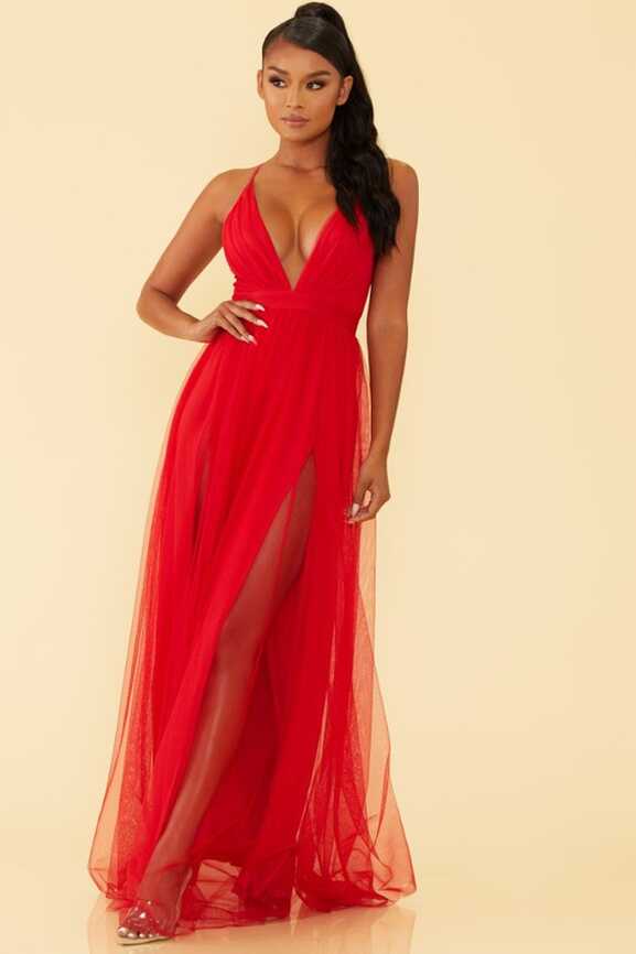 Elegant Red Strap Deep V-Neck Maxi Dress – EDITE MODE