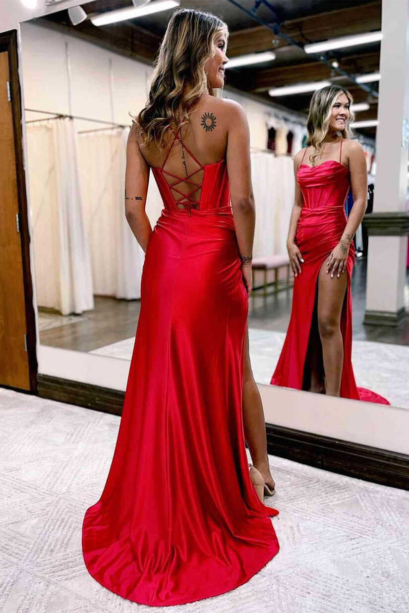 Elegant Red Straps Corset Back Long Prom Evening Dress with Slit ...