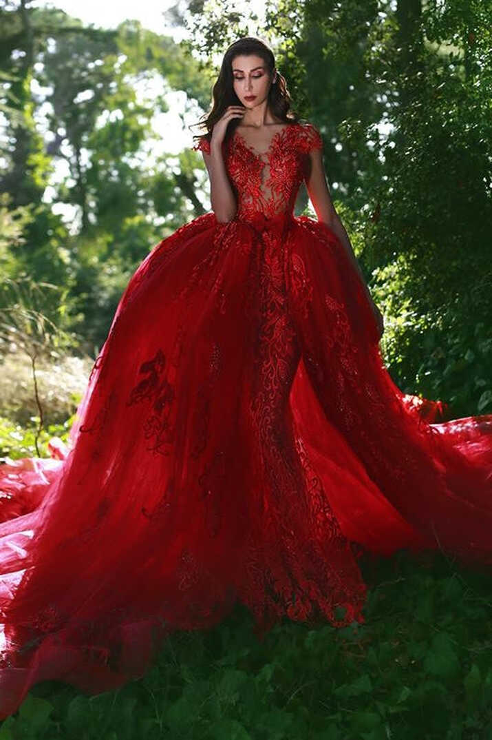 Elegant Red V-Neck OverSkirt Lace Applique Prom Dresses ...