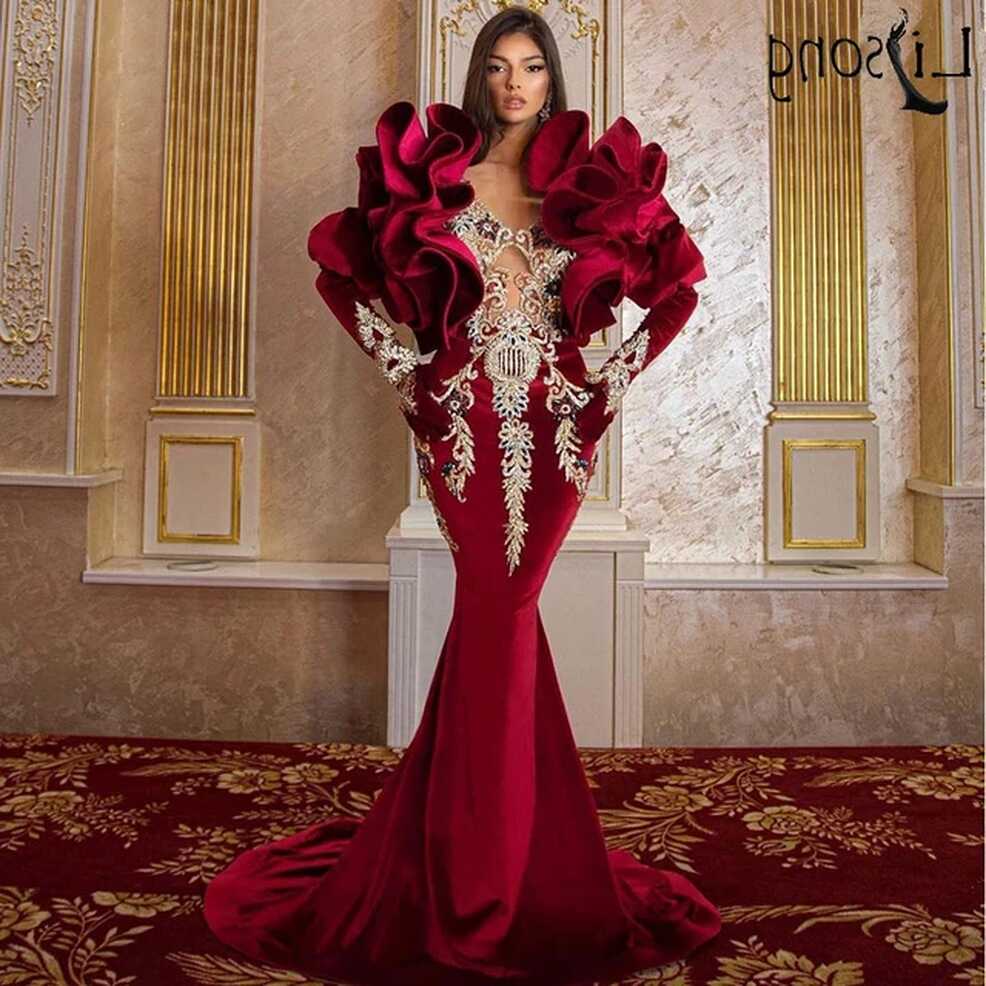 Elegant Red Velvet Mermaid Prom Dresses 2022 Long Sleeves Beaded ...