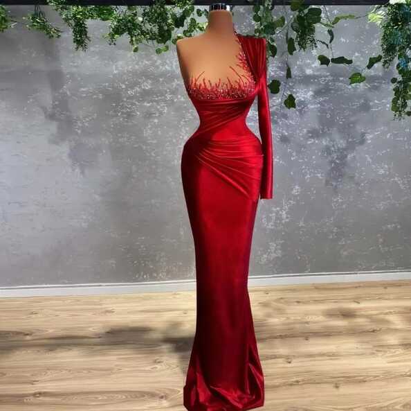 Elegant Red Velvet Mermaid Red Sparkly Prom Dress 2022 One ...