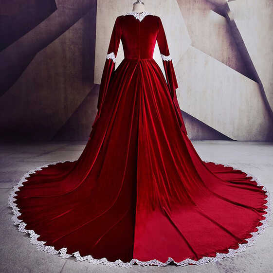 Elegant Red Velvet Wedding Dresses Long Sleeve Sweetheart White ...