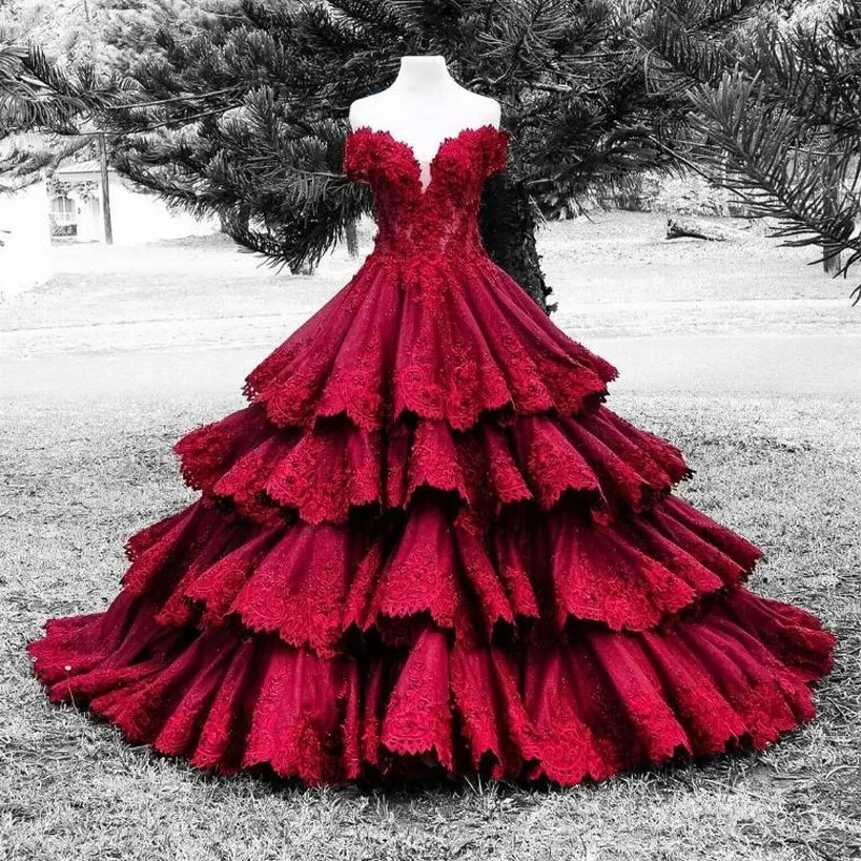 Elegant Red Wedding Dresses Sexy Sweetheart Off Shoulder Tiered ...