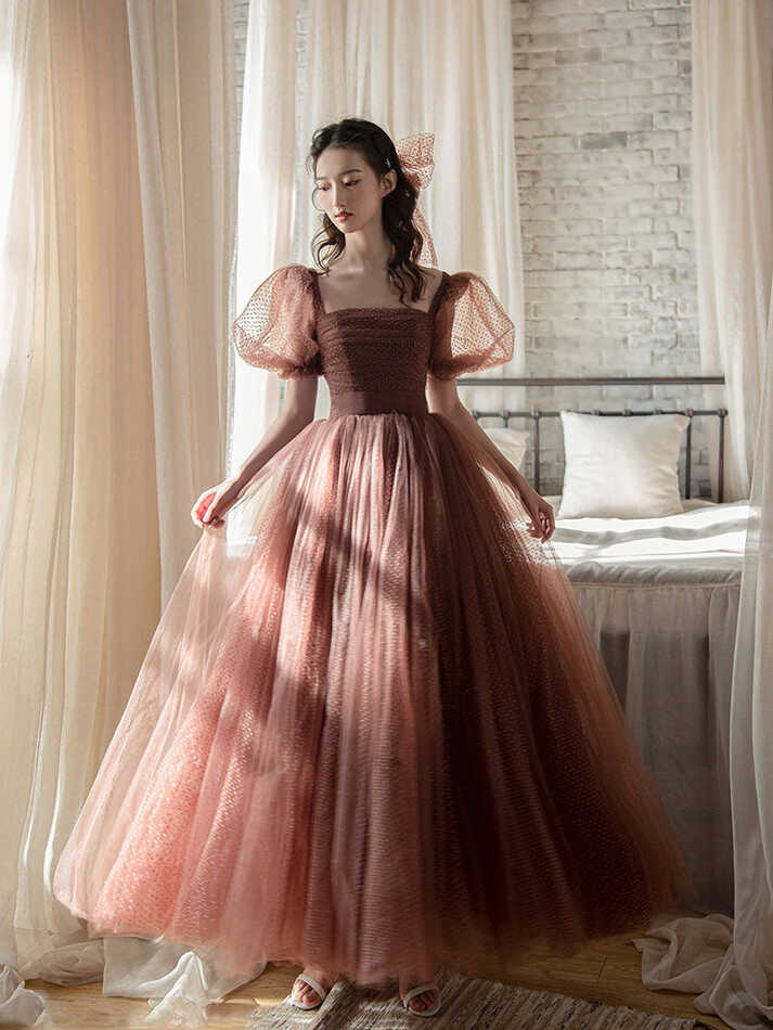 Elegant Retro Brown Tea Length Tulle Prom Dress, Puffy Homecoming ...