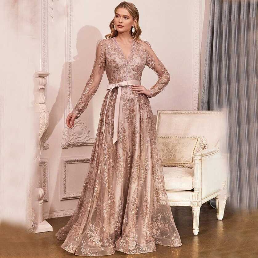 Elegant Rose Gold Mother of the Bride Dresses V-Neck Long Sleeves ...