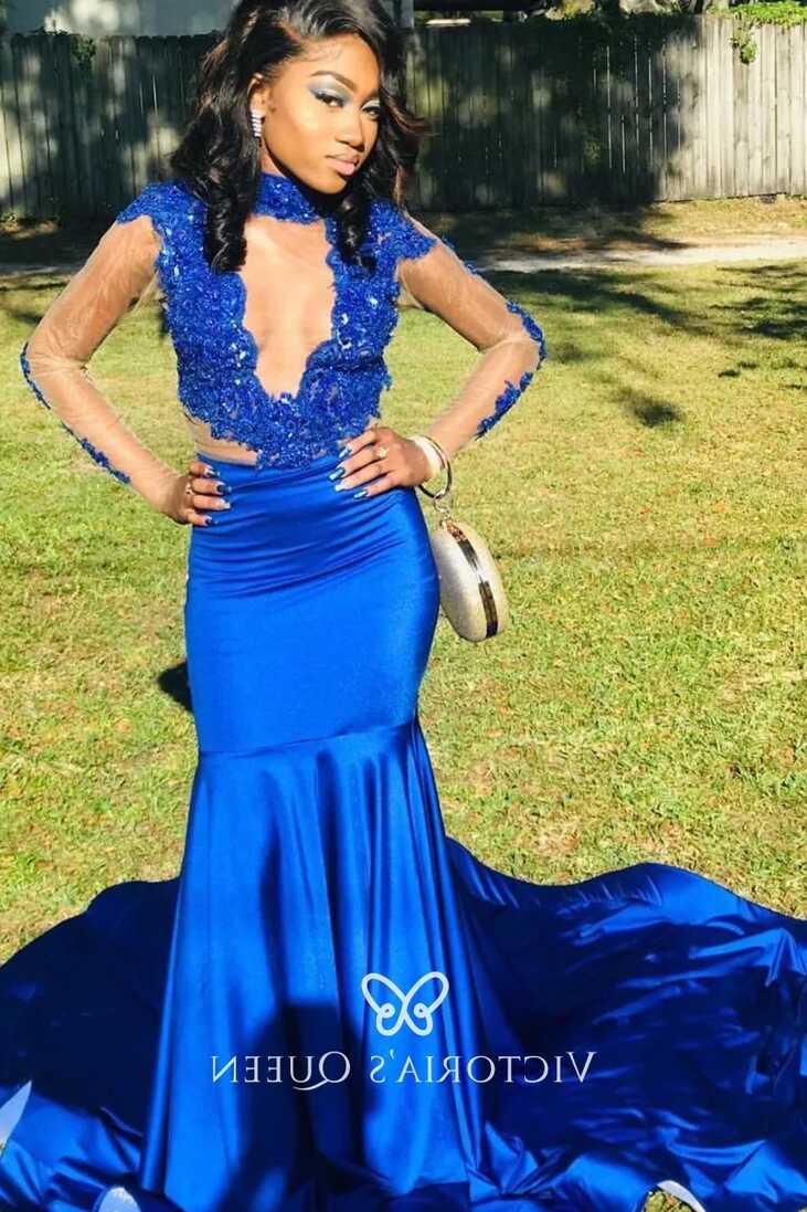 Elegant Royal Blue Lace and Satin Long Prom Dress - VQ