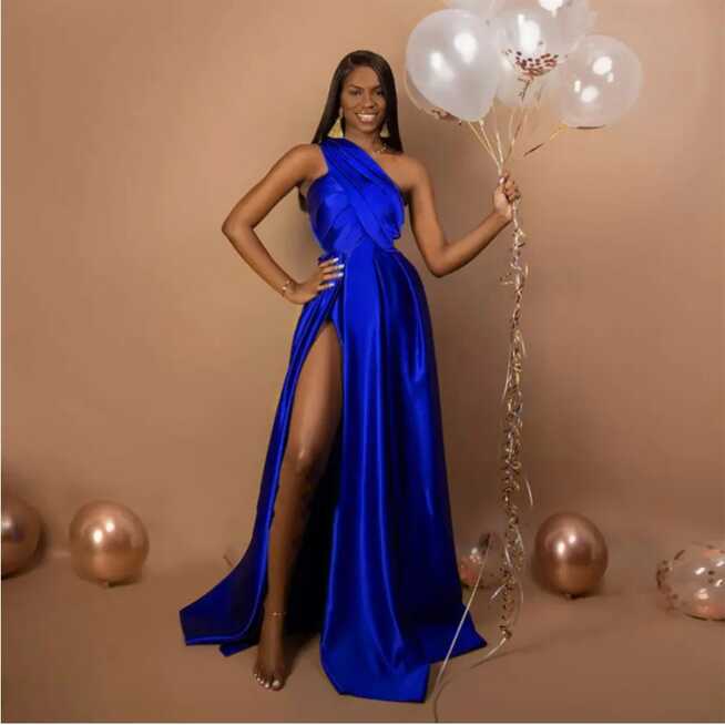 Elegant Royal Blue Long Prom Dresses One Shoulder Pleat Satin ...