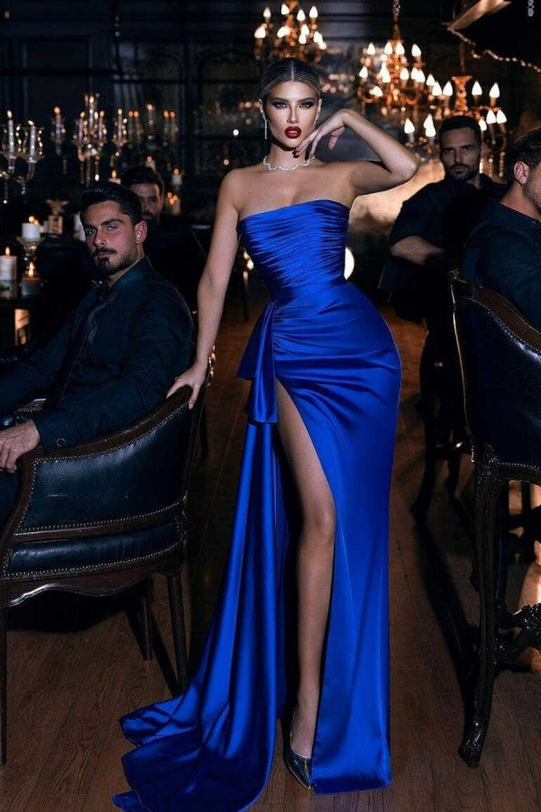 Elegant Royal Blue Mermaid Straps Satin Long Prom Dresses With ...