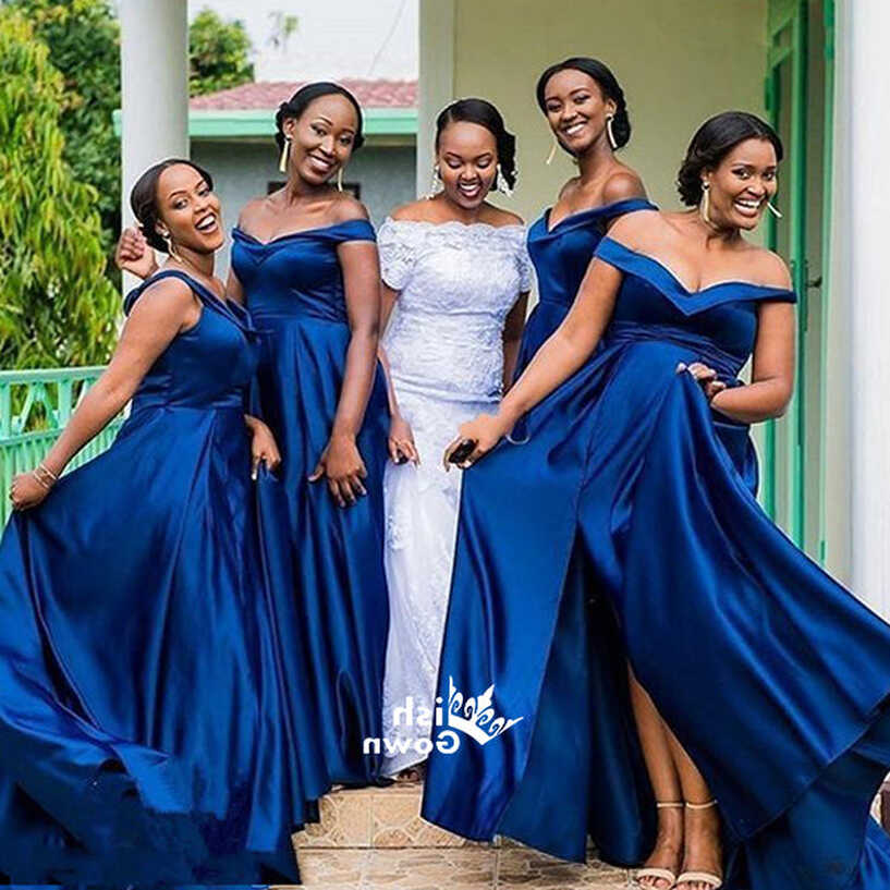 Elegant Royal Blue Off Shoulder Satin A-line Long Bridesmaid ...