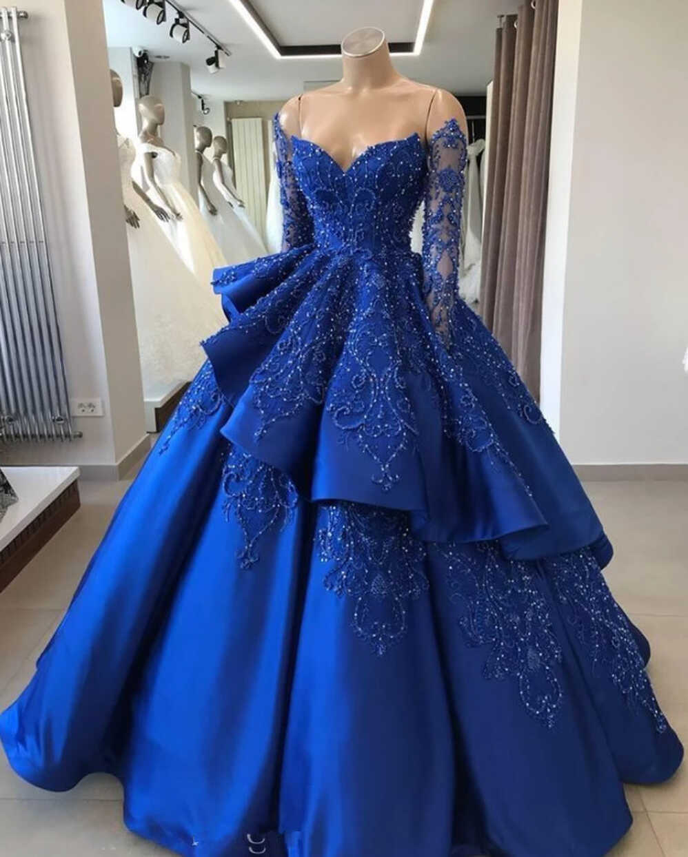 Elegant Royal Blue Quinceanera Dresses Off Shoulder Long Sleeves ...