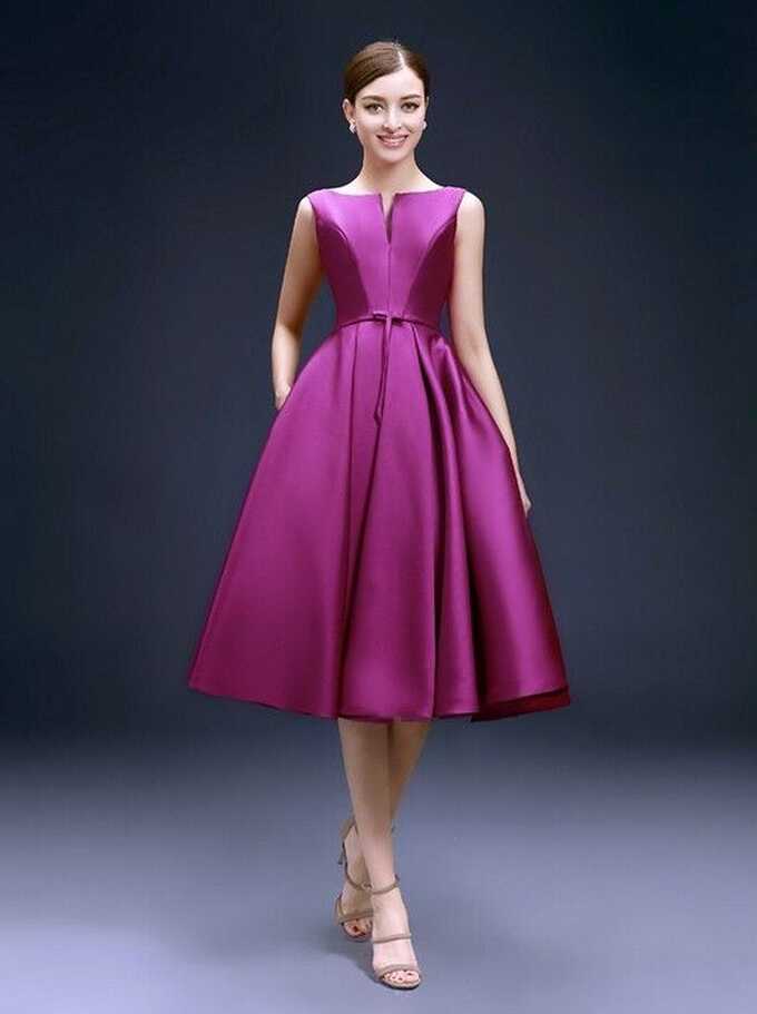 Elegant Satin Knee Length Low Back Fuchsia Cocktail Dress