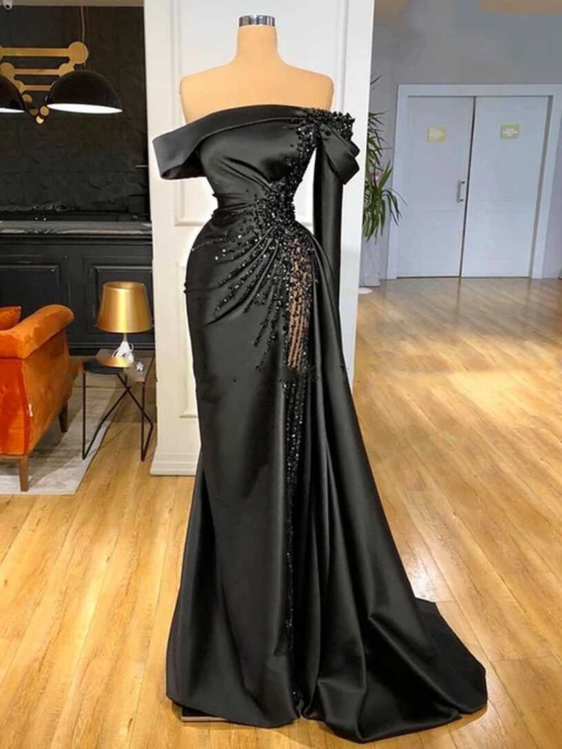 Elegant Satin Long Mermaid Pleat Beading Women Formal Party ...