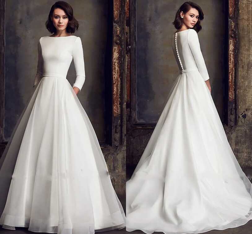 Elegant Satin Wedding Dress For Women 2023 White Three Quater ...