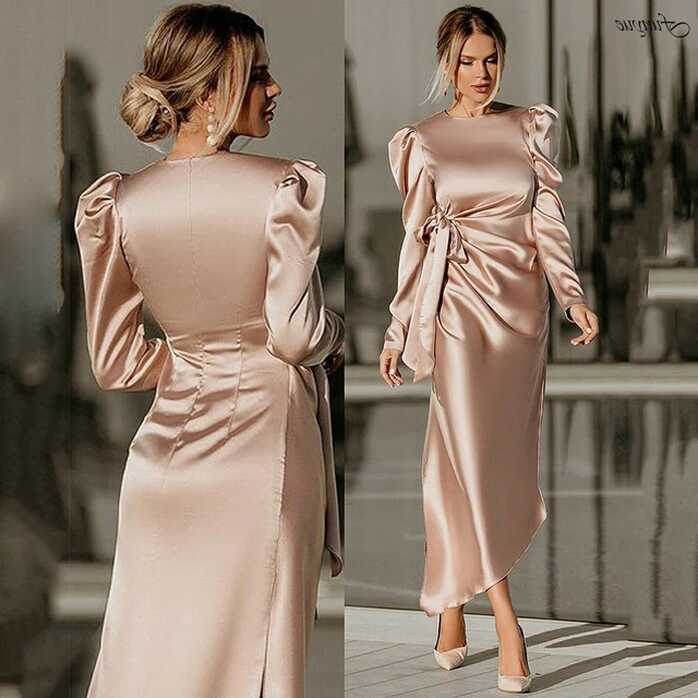 Elegant Satin Women Formal Dress for Mother Puffy Sleeves Tea ...