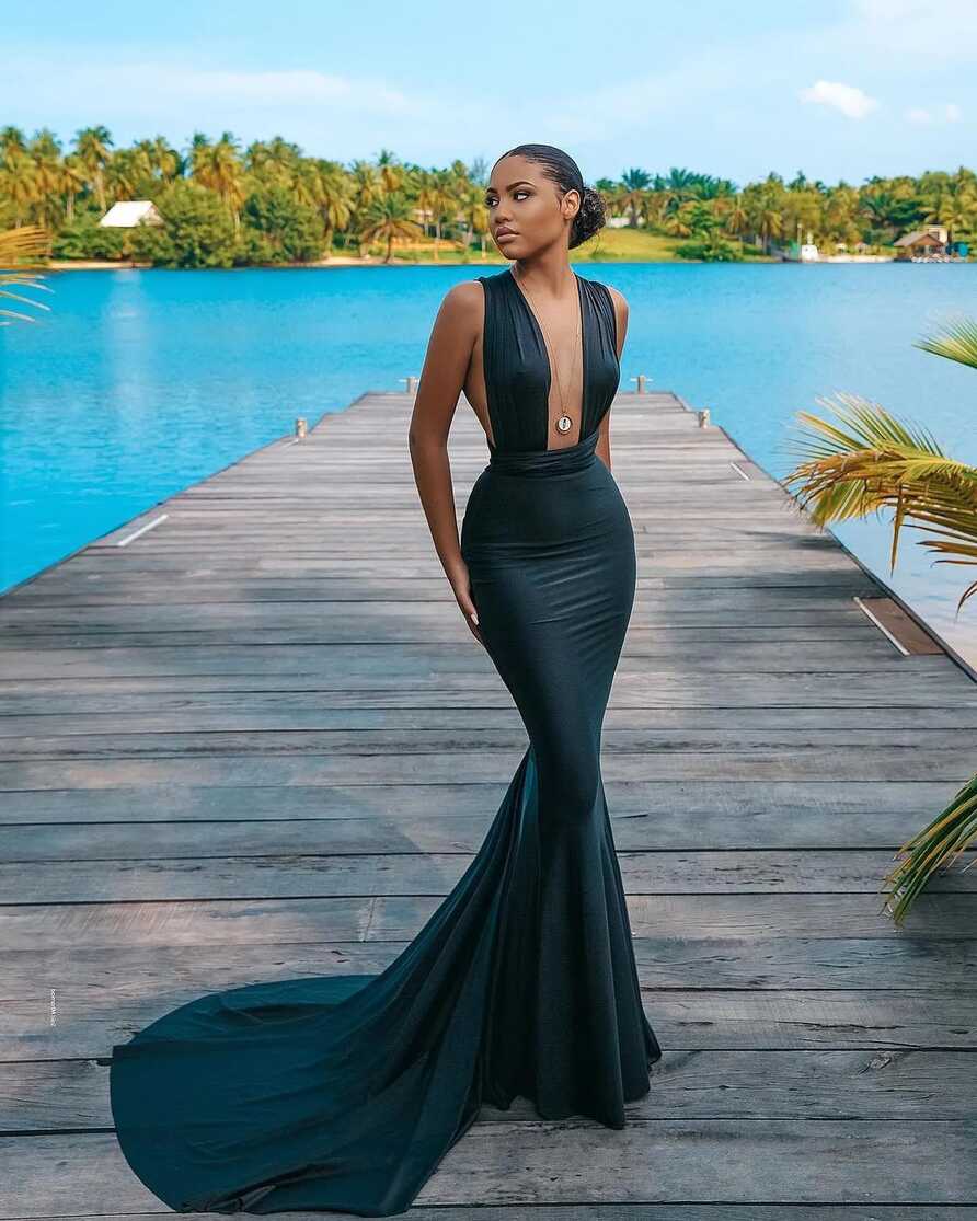 Elegant Sexy Mermaid Evening Dresses For Women Deep V Neck Satin ...