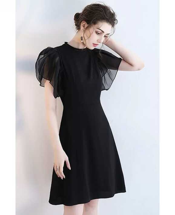 Elegant Short Black Formal Party Dress with Puffy Sleeves ...